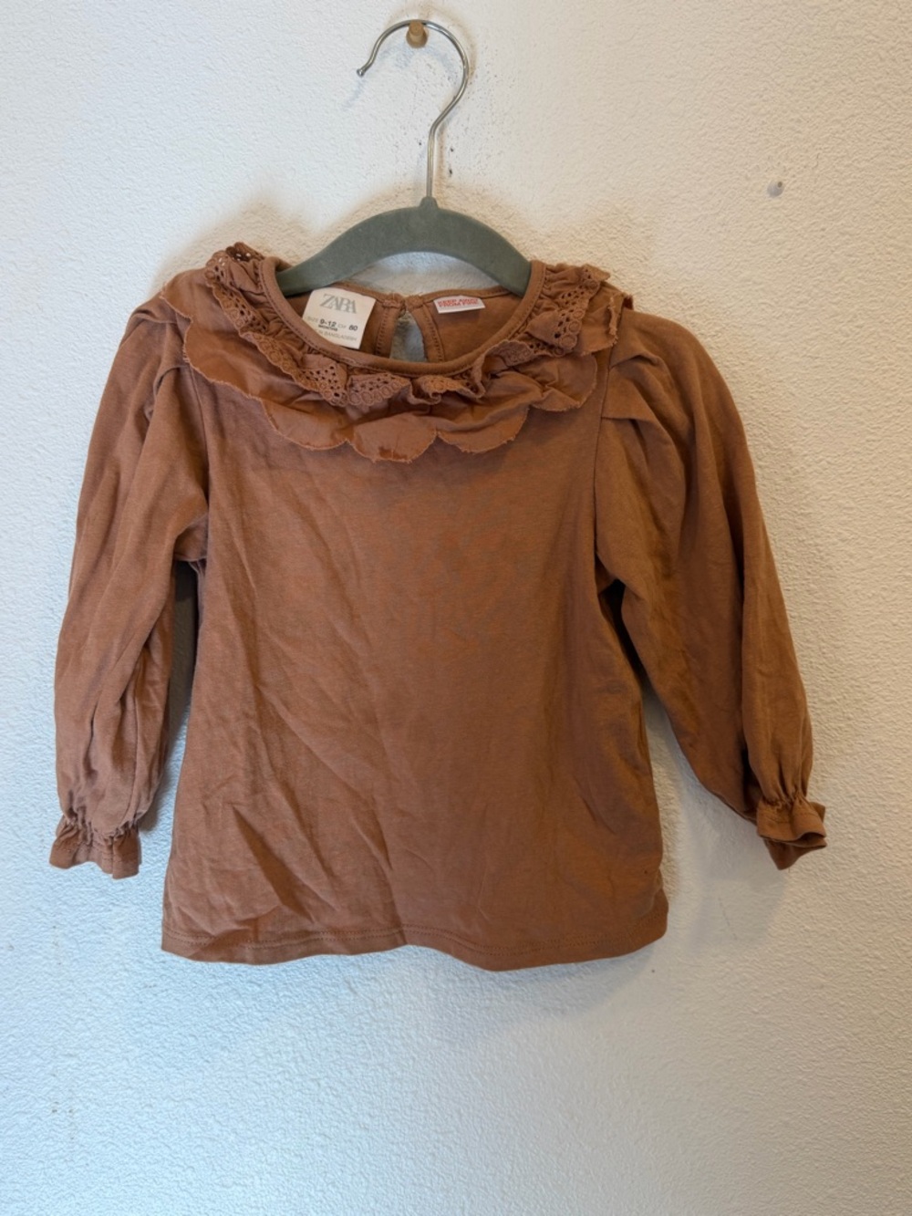 Zara Rust Brown Long-Sleeve Ruffle Neck Top